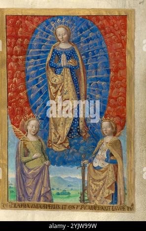 La Vierge dans un nuage d'anges, avec les saintes Barbara et Catherine ; heures de poncher, vers 1500. Banque D'Images