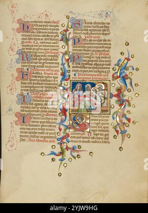 La naissance de la Vierge : initiale S : la lecture de la Vierge ; la Nativité de la Vierge : initiale S : la lecture de la Vierge ; Missel, entre environ 1389 et 1400. Banque D'Images