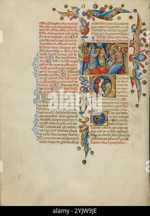 L'Adoration des Mages : initial E : porteurs d'épée ; Missal, entre environ 1389 et 1400. Infos complémentaires : dans une miniature de couleurs resplendissantes et d'or somptueux, la Vierge et l'enfant Jésus accueillent les trois rois. Le roi aîné s'agenouille dans ses belles robes, sa couronne au sol comme un geste d'humilité, tandis que les deux autres rois richement ornés se confèrent derrière. À gauche, leurs serviteurs tiennent des cadeaux d'objets cérémoniels, et au-dessus, l'étoile qui a conduit les trois rois le long de leur voyage scintille dans le ciel. La miniature marque l'introit à la messe dite sur l'Épiphanie, la fête célébrant th Banque D'Images