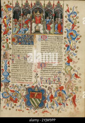 L'élévation de l'hôte : T initial : un Putto entre le Soleil et la Lune ; Missal, entre environ 1389 et 1400. Informations supplémentaires : debout à l'autel devant un tabernacle doré et entouré de moines et de paroissiens, le prêtre élève l'hôte au moment grimpant du Mass. L’illuminateur a exprimé la tension de ce grand drame lorsque l’on montre pour la première fois au peuple l’Eucharistie consacrée : les adorateurs avec leurs expressions variées et animées semblent complètement pris dans le drame. Ajoutant au sentiment que la scène capture un moment précis, les moines debout sur le LEF Banque D'Images