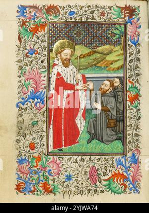 Saint Édouard le Confesseur ; Livre d'heures, vers 1430-1440. Les manuscrits médiévaux représentent souvent des gens agenouillés dans la prière devant la tombe d'Édouard le Confesseur. Banque D'Images