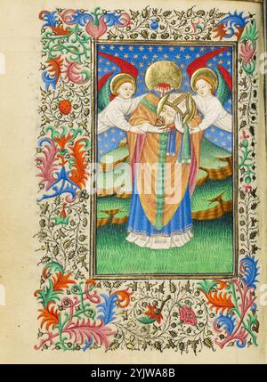 Saint Denis tenant sa tête ; Livre d'heures, vers 1430-1440. Informations complémentaires : Saint Denis, le premier évêque de Paris, a été décapité dans cette ville en l'an 250. Selon la légende, des anges l'accompagnèrent alors qu'il portait sa propre tête du lieu d'exécution jusqu'au lieu de sépulture de son choix, où plus tard l'église Saint Denis fut construite juste à l'extérieur de Paris. Vêtu des vêtements de son évêque, le saint est représenté avec deux halos - un derrière sa tête décapitée et un second derrière le moignon de son cou. Cette caractéristique reflète des notions médiévales sur l'incorruptibilité des restes saints - le bo Banque D'Images