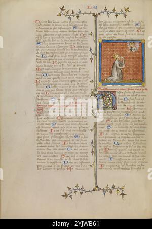 David pointant vers son œil, vers 1360-1370. Informations supplémentaires : le roi David pointe vers son œil alors qu'il s'adresse au Seigneur, photographié dans un nuage rose ci-dessus. Parce que les lecteurs médiévaux auraient compris un lien direct entre la lumière et le sens de la vue, ce geste illustre les mots d'ouverture du texte en rouge juste en dessous de la miniature, "le Seigneur est ma lumière et mon salut" (Psaume 26:1). L'illuminateur anonyme, connu sous le nom de Maître de Jean de Mandeville, a concentré l'attention du spectateur sur l'échange entre David et le Seigneur en isolant les personnages devant un de Banque D'Images