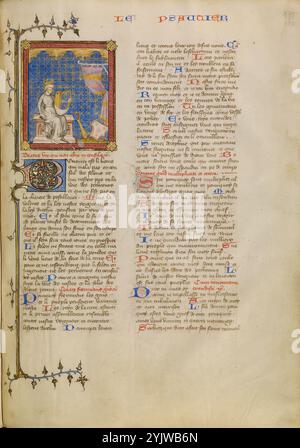 David avec des instruments de musique, vers 1360-1370. Informations supplémentaires : le roi David, considéré au moyen âge comme l'auteur des Psaumes, introduit l'ouverture du Livre des Psaumes dans la Bible historique. Il semble tenir une harpe, l'instrument à cordes souvent associé aux Psaumes, tandis qu'un psaltère et un rebec, autres instruments à cordes médiévaux, sont représentés à proximité. Une partie de l'association traditionnelle de David avec les instruments de musique dérive d'un récit dans le Livre des Rois, dans lequel le prêtre Samuel appelle le jeune David à apaiser le roi Saul avec de belles chansons. Tous les jours, Banque D'Images