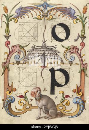 Guide pour la construction des lettres o et p ; Mira calligraphiae monumenta, vers 1591-1596. Informations complémentaires : dans les années 1500, alors que l’imprimerie devenait la méthode la plus courante de production de livres, les intellectuels valorisaient de plus en plus l’inventivité des scribes et les qualités esthétiques de l’écriture. De 1561 à 1562, Georg Bocskay, secrétaire de la cour d'origine croate de l'empereur Ferdinand Ier, créa ce Livre modèle de calligraphie à Vienne pour démontrer sa maîtrise technique de l'immense gamme de styles d'écriture qu'il connaissait. Environ trente ans plus tard, l'empereur Rodolphe II, petit-fils de Ferdinand, Banque D'Images