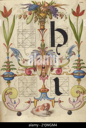 Guide pour la construction des lettres h et i ; Mira calligraphiae monumenta, vers 1591-1596. Informations complémentaires : ce guide pour la construction des lettres minuscules h et i fait face à la page contenant les lettres f et g. Un masque fantaisiste domine le centre de la page. Une cornucopie luxuriante surgit du haut du masque, et les oiseaux à long cou attaquent des deux côtés. Un chien à fourrure sous une verrière élaborée occupe la bordure inférieure, ignorant sereinement la scène ci-dessus. Le chien peut avoir une signification symbolique comme incarnation de la pure fidélité chrétienne. Banque D'Images