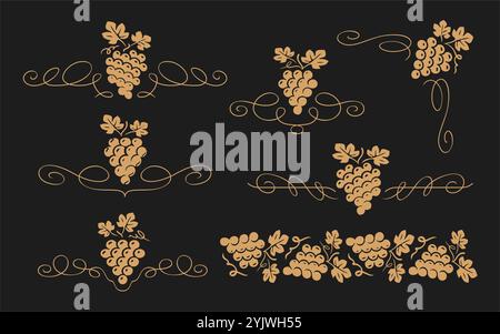 Jeu de symboles raisins avec feuilles. Motif décoratif vigne, concept de vigne. Motif, bordure de séparation, coin Illustration de Vecteur