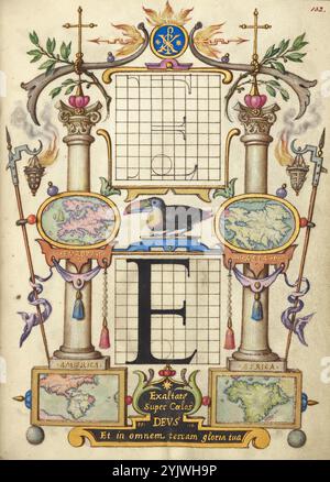 Guide pour la construction de la lettre E ; Mira calligraphiae monumenta, vers 1591-1596. Informations complémentaires : sur deux grilles, Joris Hoefnagel a démontré la forme propre d'un E majuscule, avec les proportions de la lettre déterminées par la relation de ses parties aux carrés et aux arcs. Environ trente ans après que Georg Bocskay ait terminé son « Livre modèle de calligraphie », Hoefnagel a ajouté son « Guide pour la construction des lettres » au manuscrit. Hoefnagel's Guide utilise des diagrammes pour démontrer comment les principes géométriques peuvent être appliqués à la conception typographique. Les motifs entourant ces diagrammes sont chargés wi Banque D'Images