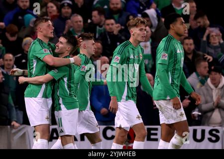 Daniel Ballard (première à gauche) célèbre avoir marqué le premier but de son équipe lors du match du Groupe C3 de l'UEFA Nations League au stade national de football de Windsor Park, Belfast. Date de la photo : vendredi 15 novembre 2024. Banque D'Images