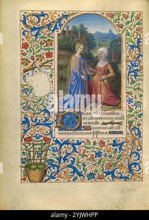 La Visitation ; Katherine Hours, vers 1480-1485. Informations complémentaires : dans de nombreux livres d'heures, comme celui-ci, une miniature représentant une scène de la vie de la Vierge précède chacune des huit dévotions des heures de la Vierge. Ici la Visitation précède Laudes, qui s'ouvre : Deus in adiutorium meu[m] intende. Domine ad adiuvandum me festina (Dieu, viens à mon aide. Seigneur, hâte-toi de m'aider). Selon l'Évangile de Saint Luc, l'ange Gabriel informa Marie lors de l'Annonciation que sa cousine Elizabeth porterait un enfant. Quand Marie se précipita chez son cousin et salua Banque D'Images