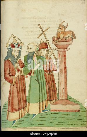 Roi avenir, Josaphat et Nachor contemplez le veau d'or ; Barlaam und Josaphat, 1469. Illustration tirée de "Barlaam und Josaphat", une romance en vers, par Rudolf von EMS. Barlaam et Josaphat, également connus sous le nom de Bilawhar et Budhasaf, étaient des saints chrétiens dont l'histoire était basée sur la vie du Bouddha Gautama. Selon la légende, un roi indien a persécuté l'Église chrétienne dans son Royaume. Après que les astrologues aient prédit que son propre fils deviendrait un jour chrétien, le roi emprisonna le jeune prince Josaphat, qui rencontra néanmoins l'ermite Saint Barlaam et se convertit au chrétien Banque D'Images