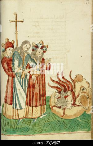 Roi avenir, Josaphat et Nachor Voici la bouche de l'enfer ; Barlaam und Josaphat, 1469. Illustration tirée de "Barlaam und Josaphat", une romance en vers, par Rudolf von EMS. Barlaam et Josaphat, également connus sous le nom de Bilawhar et Budhasaf, étaient des saints chrétiens dont l'histoire était basée sur la vie du Bouddha Gautama. Selon la légende, un roi indien a persécuté l'Église chrétienne dans son Royaume. Après que les astrologues aient prédit que son propre fils deviendrait un jour chrétien, le roi emprisonna le jeune prince Josaphat, qui rencontra néanmoins l'ermite Saint Barlaam et se convertit au christianisme Banque D'Images