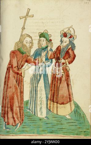 Roi avenir et Josaphat Converse avec Nachor ; Barlaam und Josaphat, 1469. Illustration tirée de "Barlaam und Josaphat", une romance en vers, par Rudolf von EMS. Barlaam et Josaphat, également connus sous le nom de Bilawhar et Budhasaf, étaient des saints chrétiens dont l'histoire était basée sur la vie du Bouddha Gautama. Selon la légende, un roi indien a persécuté l'Église chrétienne dans son Royaume. Après que les astrologues aient prédit que son propre fils deviendrait un jour chrétien, le roi emprisonna le jeune prince Josaphat, qui rencontra néanmoins l'ermite Saint Barlaam et se convertit au christianisme. Après Banque D'Images