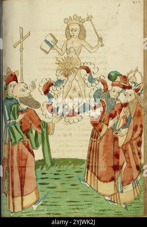 Le roi avenir, Josaphat et les érudits païens contemplent le Dieu Soleil dans les nuages ; Barlaam und Josaphat, 1469. Illustration tirée de "Barlaam und Josaphat", une romance en vers, par Rudolf von EMS. Barlaam et Josaphat, également connus sous le nom de Bilawhar et Budhasaf, étaient des saints chrétiens dont l'histoire était basée sur la vie du Bouddha Gautama. Selon la légende, un roi indien a persécuté l'Église chrétienne dans son Royaume. Après que les astrologues aient prédit que son propre fils deviendrait un jour chrétien, le roi emprisonna le jeune prince Josaphat, qui rencontra néanmoins l'ermite Saint Barlaam et c. Banque D'Images