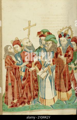 Roi avenir et Josaphat au milieu des érudits païens ; Barlaam und Josaphat, 1469. Illustration tirée de "Barlaam und Josaphat", une romance en vers, par Rudolf von EMS. Barlaam et Josaphat, également connus sous le nom de Bilawhar et Budhasaf, étaient des saints chrétiens dont l'histoire était basée sur la vie du Bouddha Gautama. Selon la légende, un roi indien a persécuté l'Église chrétienne dans son Royaume. Après que les astrologues aient prédit que son propre fils deviendrait un jour chrétien, le roi emprisonna le jeune prince Josaphat, qui rencontra néanmoins l'ermite Saint Barlaam et se convertit au christianisme. Arrière Banque D'Images