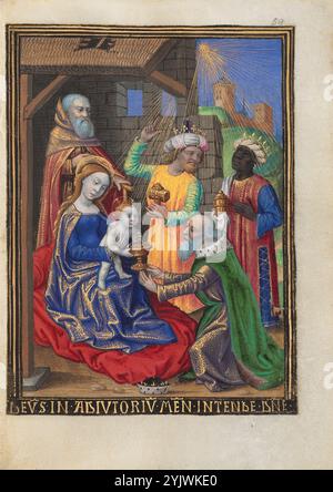 L'Adoration des Mages ; Livre d'heures, vers 1480-1490. Informations complémentaires : dans cette miniature, les trois sages qui ont suivi l'étoile de Bethléem de l'est rendent hommage au Christ. Au moyen âge, les artistes et les auteurs représentaient traditionnellement les sages comme des rois avec des noms et des caractéristiques individuels. Caspar, le plus vieux, s'agenouille devant la Vierge à l'enfant et offre un cadeau d'or, tandis que Melchior, le plus jeune, montre l'étoile à Balthazar, représenté comme un homme noir selon la coutume médiévale tardive. Chacun des dons offerts au Christ avait une valeur symbolique au moyen âge : gol Banque D'Images