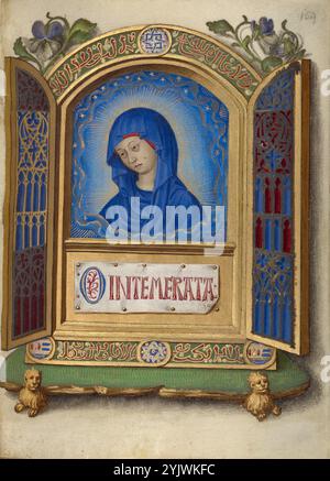 Retable portable avec la Vierge pleureuse ; Livre des heures, vers 1480-1490. Informations supplémentaires : une Madone de longueur buste, avec la tête et les yeux jetés vers le bas et portant un voile, forme une image de dévotion douloureuse. Elle est doublement encadrée, d'abord par les rayons de lumière dorée émanant de sa personne et accompagnée d'un anneau d'étoiles, puis par un cadre orné d'or et d'argent ressemblant à un reliquaire avec des inscriptions arabes. En haut à droite, l'emblème royal de la dynastie nasride de Grenade se traduit par « il n'y a pas de victorieux sauf Dieu ». Les autres inscriptions sont simplement des arrangements absurdes Banque D'Images