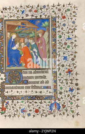 L'Adoration des Mages ; Livre d'heures, vers 1415-1420. Informations supplémentaires : trois rois somptueusement rodés arrivent de l'est pour présenter des cadeaux au nouveau-né "Roi des Juifs". L'illuminateur anonyme de cette miniature montrait les trois rois dans des étapes successives d'approche de l'enfant Christ. L’aîné, le plus proche de l’enfant, a déjà enlevé sa couronne et ses genoux devant Jésus et Marie. Le suivant est en train de retirer sa couronne et commence à s'agenouiller. Le dernier – le plus jeune – se tient encore debout et porte sa couronne. En montrant les rois de cette façon, l'illuminateur a créé Banque D'Images