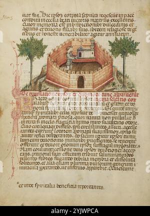 Aimo et Vermondo tenant l'église Saint Victor ; Legenda Venerabilium Virorum Aymonis et Vermondi, vers 1400. Informations supplémentaires : Aimo et Vermando tiennent une petite église dans une enceinte murée crénelée. La scène ne raconte pas un exploit de force surhumaine dans lequel les deux frères élèvent un bâtiment. L'image représente plutôt le financement par les frères d'une nouvelle église dédiée à Saint Victor dans la ville de Meda. Après avoir été sauvés d'une attaque de sangliers, les frères ont fait don de l'argent pour cette église comme moyen de rendre grâce. C'est dans l'église Saint Victor que le Banque D'Images