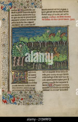 Des chasseurs camouflés se préparant à attaquer un cerf ; Livre de la chasse, vers 1430-1440. Livre médiéval sur la chasse. Banque D'Images