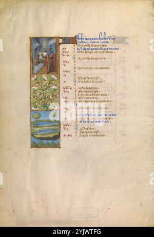 Page du calendrier de février ; se tenir au chaud ; poissons ; heures de Katherine, vers 1480-1485. Banque D'Images