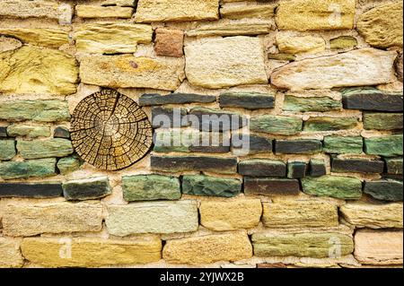 Poutre en rondins dans le mur de maçonnerie ; roche verte ; Aztek West ; Aztek Ruins National Monument ; Aztec ; Nouveau-Mexique ; États-Unis Banque D'Images