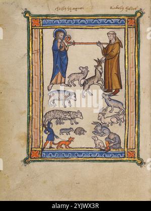 Christ et un moine et deux bergers ; Bestiaire, vers 1270. Informations supplémentaires:en haut de cette miniature, le Christ et un moine tiennent le crozier d'un abbé, symbolique d'un escroc de berger. Ci-dessous à gauche, des moutons et un berger et un chien vigilants représentent un bon troupeau. Sur la droite, un gardien endormi et négligent et son chien de garde assis ne parviennent pas à surveiller un troupeau de mauvaises chèvres. Seule miniature pleine page du manuscrit, cette frontispice annonce le Traité sur les bergers et les troupeaux d'Hugo de Fouilloy, commentaire mystique de certains vers de la neuvième Eclogue de l'auteur romain Virgile. L'illuminat Banque D'Images
