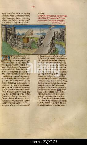 Le pays de l'Inde ; miroir Historial, vers 1475. Informations supplémentaires:cette partie du miroir de l'histoire raconte des endroits exotiques dans les temps anciens, y compris les merveilles de la terre lointaine de l'Inde. L'éléphant au centre de l'image a probablement été inclus parce que l'animal est mentionné dans le texte comme l'une des curiosités de l'Inde. À en juger par l'apparence de la bête, cependant, l'illuminateur n'en avait jamais vu un en personne et modelé son image sur une description écrite. De telles restitutions fantastiques révèlent la fascination du public médiéval pour les terres au-delà de l'Europe. Banque D'Images