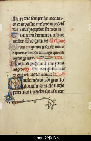 Initiale G : les premiers pas de Jésus ; heures Ruskin, vers 1300. Informations supplémentaires:dans un G initial, la Vierge Marie apprend à l'enfant Jésus à marcher. Malgré le caractère domestique de son activité, elle apparaît intronisée et couronnée parce que l'initiale ouvre une prière en louange d'elle : Gaude Maria xp[ist]i genitrix gloriosa (réjouissez-vous en Marie la glorieuse mère du Christ). Deux personnages s'agenouillent sous l'initiale, regardant vers le haut vers la scène ci-dessus. Les gestes vifs de la main et l'expression faciale exagérée de l'homme en face suggèrent qu'il craint que le bébé ne tombe de l'initiale. Banque D'Images