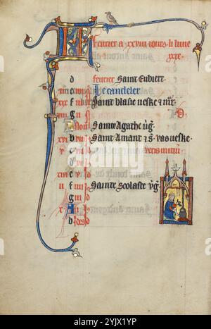 Page calendrier pour février ; maintien au chaud ; heures Ruskin, vers 1300. Banque D'Images