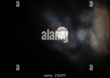 Cambridge, Royaume-Uni. 15 novembre 2024. Le Beaver Moon vu à son apogée à travers les nuages de Cambridge. La Beaver Moon a lieu en novembre et c'est la dernière super lune de 2024. (Photo de David Tramontan/SOPA images/SIPA USA) crédit : SIPA USA/Alamy Live News Banque D'Images