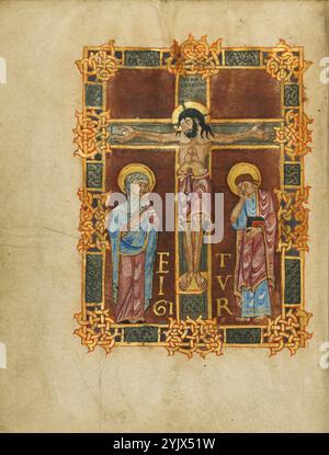 La Crucifixion ; sacramentaire, premier quart du XIe siècle. Informations complémentaires :cette page marque le début des prières récitées par le prêtre lors de la préparation du pain et du vin pour l’Eucharistie, le sacrement chrétien que les premiers commentateurs chrétiens ont associé à la tradition juive du sacrifice. Les mots d'ouverture te igitur (vous, donc) sont placés dans la miniature encadrée. Inspiré par la relation entre l'Eucharistie et le sacrifice du Christ sur la croix, l'illuminateur transforme la lettre d'ouverture T en croix de la Crucifixion. Alors que la Vierge Marie Banque D'Images