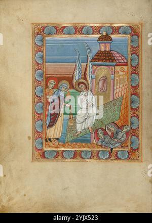 Les femmes à la tombe ; sacramentaire, vers 1025-1050. Informations complémentaires:dans un cycle inhabituel de miniatures de la vie du Christ dans ce sacramentaire ottonien, une image des femmes au Tombeau précède le texte des prières du Mass. Comme décrit dans l'Évangile de Matthieu, deux femmes disciples se sont approchées de la tombe du Christ après sa Crucifixion pour oindre son corps. À leur arrivée, un ange les salua et annonça que Jésus était ressuscité de sa tombe. Sur la gauche, les deux femmes portent des contenants en or de baume et un censeur avec encens, détails qui résonnent particulièrement avec la liturgie du manuscrit Banque D'Images