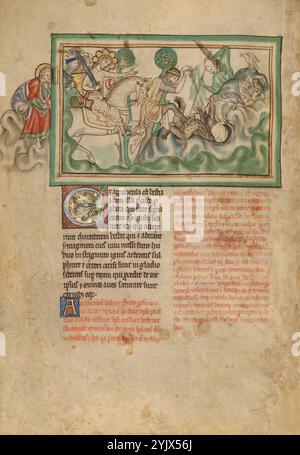 La défaite de la Bête ; Dyson Perrins Apocalypse, vers 1255-1260. Informations supplémentaires:cette dernière image de l'Apocalypse Dyson Perrins représente le triomphe de l'armée du ciel sur les forces de Satan. Le guerrier sur le cheval blanc dirige l'élimination de la bête et du faux prophète qui sont "jetés vivants dans le lac de feu brûlant avec du soufre." (Apocalypse 19:20) les pattes postérieures de la bête et les sabots du faux prophète disparaissent alors qu'ils sont jetés, donnant des coups de pied, dans un trou dans la terre. Deux soldats aident à leur descente vers le lac en feu, l'un avec son pied fermement planté sur th Banque D'Images