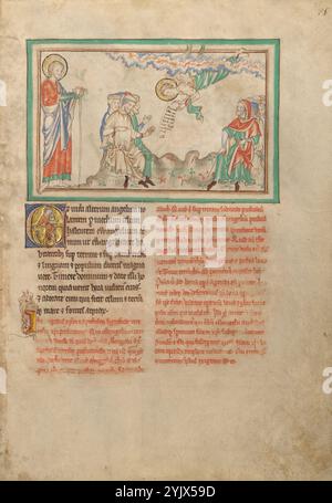 Un ange avec l'Évangile éternel ; Apocalypse de Dyson Perrins, vers 1255-1260. Informations supplémentaires:alors que Saint Jean regarde sereinement, un ange descend avec "l'Évangile éternel" pour être proclamé à tous ceux sur la terre. Les mots de l'ange apparaissent sur le rouleau : Timete do[minu]m et date illi honorem quia venit hora iudicii eius amen (craignez le Seigneur, et donnez-lui honneur, parce que l'heure de son jugement est venue. Amen). (Apocalypse 14:7) Banque D'Images