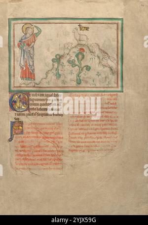 L'Agneau sur le mont Sion ; Apocalypse de Dyson Perrins, vers 1255-1260. Informations supplémentaires:après avoir vu les bêtes, Saint Jean a une vision de l'agneau: "Et j'ai vu, et voici un agneau debout sur le mont Sion," accompagné de 144 000 qui portent "son nom et le nom de son père écrit sur leur front." (Apocalypse 14:1) L'agneau a été compris par les commentateurs médiévaux pour signifier Jésus, le même agneau qui a pu ouvrir le livre au début de l'Apocalypse. Bien que le texte ne précise pas que les 144 000 étaient aussi des agneaux, l'illuminateur les a représentés de cette manière. C Banque D'Images