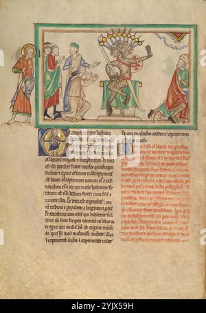 La Bête intronisée ; Dyson Perrins Apocalypse, vers 1255-1260. Informations supplémentaires:comme Saint John regarde de gauche, la bête intronisée tient une épée et un bouclier, symboles de sa grande puissance. A gauche, les disciples de la bête, identifiés dans le texte comme ceux "dont les noms ne sont pas écrits dans le livre de vie", approchent la bête, s'inclinant vers le bas alors qu'une de ses bouches s'ouvre pour parler. Selon le texte, la bête parle des blasphèmes contre Dieu. À droite, la bête lève la main pour éloigner les fidèles de Dieu. Ils se détournent de la bête dans la peur, tandis que juste au-dessus d'eux apparaît t Banque D'Images