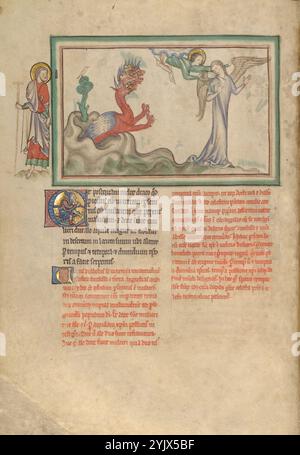 Le Dragon poursuit la femme vêtue du Soleil qui reçoit les ailes d'un aigle ; Dyson Perrins Apocalypse, vers 1255-1260. Informations complémentaires:après que la femme vêtue du soleil donne naissance à son enfant, compris par les commentateurs médiévaux pour représenter Jésus, elle est poursuivie par un grand dragon rouge avec sept têtes et dix cornes. Alors que le dragon saute de la terre, la femme regarde par-dessus son épaule, visiblement effrayée. Avant que le dragon ne l'atteigne, cependant, un ange lui donne les ailes de deux aigle pour qu'elle puisse s'envoler en sécurité. Banque D'Images