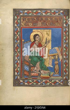 Saint Luc ; Gospel Book, vers 1120-1140. Informations supplémentaires:L'en-tête en lettres or et argent identifie le texte qui suit comme l'Évangile de Luc : Iniciu[m] s[an]c[t]i evangelii s[e]c[un]d[u]m Lucam (le début du Saint Évangile selon Luc). Ci-dessous, Saint Luc à un lutrin aiguise sa plume afin de continuer à écrire. Sur le rouleau déroulé devant lui apparaît une partie de son Evangile : Erit in diebus Hérode[is]. . . (Aux jours d'Hérode. . .). Banque D'Images