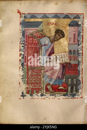 Saint Luc ; Livre de l'Évangile, début du XIIIe siècle. Informations supplémentaires :avant l'Évangile de Saint Luc, l'illuminateur a placé un portrait de l'évangéliste. Assis sur un trône élaboré avec son livre ouvert sur ses genoux, Luc écrit son Évangile, son récit de la vie et des enseignements de Jésus. La tradition d'inclure les portraits d'auteurs dans les manuscrits a commencé dans l'Antiquité ; au XIIIe siècle, l'inclusion des portraits des évangélistes dans les livres de l'Évangile était devenue assez courante. Un sentiment de naturalisme tiré de l’art classique et une abstraction stylisée plus typique de l’art byzantin coexistent dans la miniature Banque D'Images