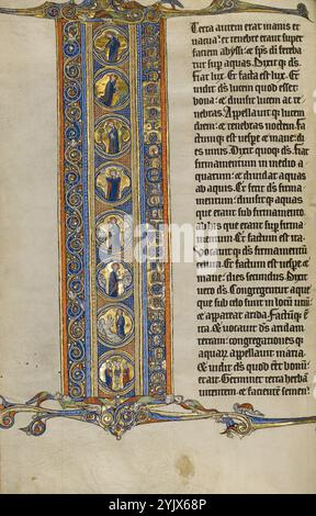 Initiale I : scènes de la création du monde et de la Crucifixion ; Bible Marquette, vers 1270. Informations supplémentaires:cette grande initiale I pour in principio creavit Deus (au commencement Dieu créé) ouvre non seulement le texte de la Genèse mais aussi la Bible dans son ensemble. Une séquence de médaillons représentant les événements de la création et, en bas, la Crucifixion est incorporée dans la lettre. Cette vision chrétienne unique du temps relie le travail de Dieu dans la création du monde au sacrifice de Jésus sur la croix. Dieu est présent dans tous les sept médaillons de la création ; il forme la terre hors du vide, donne vie à Banque D'Images