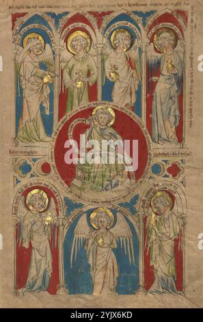 Saint Jean l'évangéliste entouré de sept anges, vers 1340-1350. Informations supplémentaires:sur la photo au centre est Saint Jean l'évangéliste, considéré comme l'auteur du quatrième Évangile et du Livre des révélations (également connu sous le nom de l'Apocalypse, ou ses visions de la fin du monde.) Il est entouré d'anges représentant les sept Églises destinées à recevoir ses écrits prophétiques. Plutôt que de sembler rester immobile, chacun des sept anges oscille et gestes différemment, créant un sentiment de mouvement animé tout au long. La tradition de l'illumination gothique allemande est évidente dans le subtil et Banque D'Images