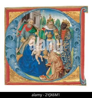 Initiale E : L'Adoration des Mages, vers 1475-1500. Informations supplémentaires:dans cette illumination, les trois rois à droite, resplendissants habillés et tenant des objets précieux, approchent la Vierge à l'enfant à gauche, avec Joseph debout derrière. Parmi les rois se trouve le magus Balthazar, représenté comme un roi noir africain. Cette représentation de Balthazar n'est pas rare et apparaît dans de nombreuses autres récréations de l'Adoration à travers la fin du moyen âge et la Renaissance européenne La représentation de Balthazar comme un homme noir africain peut contribuer à une meilleure compréhension de l'histoire et des attitudes envers Banque D'Images