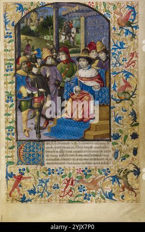 Le roi de France à la Cour, vers 1460-1470. Informations supplémentaires:Un jeune homme habillé à la mode approche le roi de France Louis XI(?), qui est assis sur un trône drapé dans un tissu bleu à motif de fleur de lis française. Le courtisan, peut-être un messager, porte de longues bottes d'équitation et des éperons. Cela suggère qu'il pourrait être la même figure que le cavalier vêtu de noir du cheval blanc visible dans le fond de la miniature. Tant la cérémonie que l'intrigue de la cour sont représentées dans les gestes subtils des figures et les groupes discrets d'accompagnateurs autour du roi. Le roi est hors de la Banque D'Images