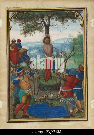 Le martyre de Saint Sébastien ; heures Munich-Montserrat, vers 1535-1540. Informations supplémentaires:cette feuille des heures Munich-Montserrat représente la première tentative de tuer Saint Sébastien. L'empereur Dioclétien, qui a ordonné l'exécution du saint, regarde à cheval ses soldats tirer impitoyablement des flèches sur Sébastien. Bien que le saint ait miraculeusement survécu à l'épreuve, il a finalement été battu à mort. La position du saint ici - attaché à une colonne et sans défense, rappelle délibérément les images traditionnelles de la flagellation du Christ, quand Jésus a été attaché à une colonne et battu. Le détail et pourtant ex Banque D'Images