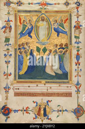 L'Ascension du Christ ; feuille du Laudario de Sant'Agnese, vers 1340. Informations supplémentaires:cette miniature représente l'Ascension, l'apparition du Christ sur terre après la Résurrection lorsque ses apôtres témoignent de son emmené au ciel. Christ est montré comme un objet de vénération, comme une statue de culte, délibérément séparé des autres figures dans le récit. Tous les autres participants dirigent leur attention vers lui, même les anges avec des instruments qui apparaissent le long des côtés. Les deux figures agenouillées dans la frontière ci-dessous, qui regardent aussi dans l'adoration vers le Christ, sont membres de la Comp Banque D'Images