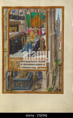 Bureau des morts ; Spinola Hours, vers 1510-1520. Informations supplémentaires :en face de la miniature représentant les derniers rites et prières sur le lit de mort, cette illumination montre le Bureau des morts. Dans une petite chapelle privée ornée de bannières héraldiques, le défunt repose dans un catafalque richement couvert. Autour de lui, des moines cagoulés s'agenouillent pendant leurs dévotions, les membres du chœur chantent, et un moine fait passer des bougies. Debout devant l'autel, le prêtre dirige le service, dont le texte apparaît sur un panneau peint de manière illusionniste comme incorporé dans le cadre. L'illuminateur a utilisé le Banque D'Images