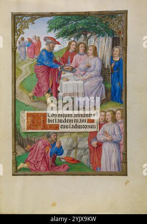 Abraham et les trois Anges ; heures de Spinola, vers 1510-1520. Informations supplémentaires:la miniature de l'histoire de l'ancien Testament d'Abraham et les trois Anges forme une paire avec la miniature de la Sainte Trinité à travers la double page. Les commentateurs chrétiens ont compris l'histoire de la rencontre d'Abraham avec les trois anges comme une préfiguration de la Trinité chrétienne dans l'ancien Testament. Au bas de la miniature, Abraham, agenouillé dans la prière, salue ses visiteurs célestes. Des mots latins écrits en or viennent de sa bouche. Au-dessus, Abraham sert ses invités tandis que Sarah écoute derrière un rideau sur la plate-forme Banque D'Images