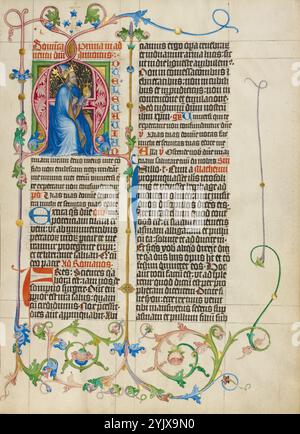 Initiale A : Roi David intronisé ; Collegium Ducale, vers 1420-1430. Informations supplémentaires:King David est assis pensivement dans une élégante initiale A , ouvrant l'introit pour le premier dimanche de l'Avent. L’introit, dont le texte est tiré du Psaume 24, continue verticalement sur le côté de l’initiale en lettres rouges et bleues alternées : ad te levavi an[imam meam] (pour vous, je vais élever mon esprit). Le roi David, que l'on croit être l'auteur des psaumes, tient un sceptre et un orbe avec une croix sur le dessus comme attributs de l'autorité royale. L'élégance du style international est évidente dans la modélisation subtile de Banque D'Images