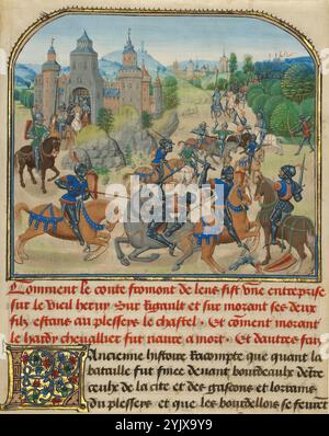 Fromont de Lens quittant Bordeaux et la bataille contre l'armée de Gasgogne, écrit 1463-1465, illuminé 1467-1472. Informations complémentaires : sur une période de trois ans, le scribe de cour David Aubert a écrit un ouvrage en quatre volumes en français intitulé histoire de Charles Martel. Il totalise quatre mille pages et raconte l'histoire de Charles Martel (R. 719 à 741), le grand-père de Charlemagne. Les chevaliers médiévaux tardifs aimaient sans aucun doute lire les aventures de ces héros antérieurs, et ils se seraient inspirés des exploits de Charles. Philippe le bon, duc de Bourgogne, commanda cet énorme manuscrit. Banque D'Images